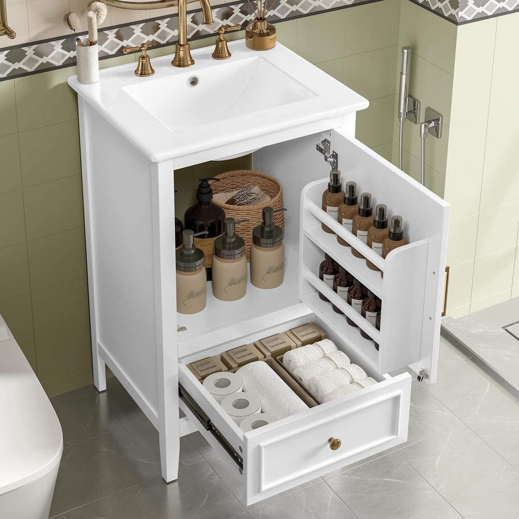 Bellemave 20 Inch Vanity with Sink, Free Standing Bathroom Vanity Cabinet with Soft Closing Door, Storage Rack, Drawer (White)