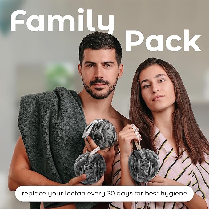 MainBasics Shower Loofah Sponge Pouf, Set of 3, Charcoal Infused