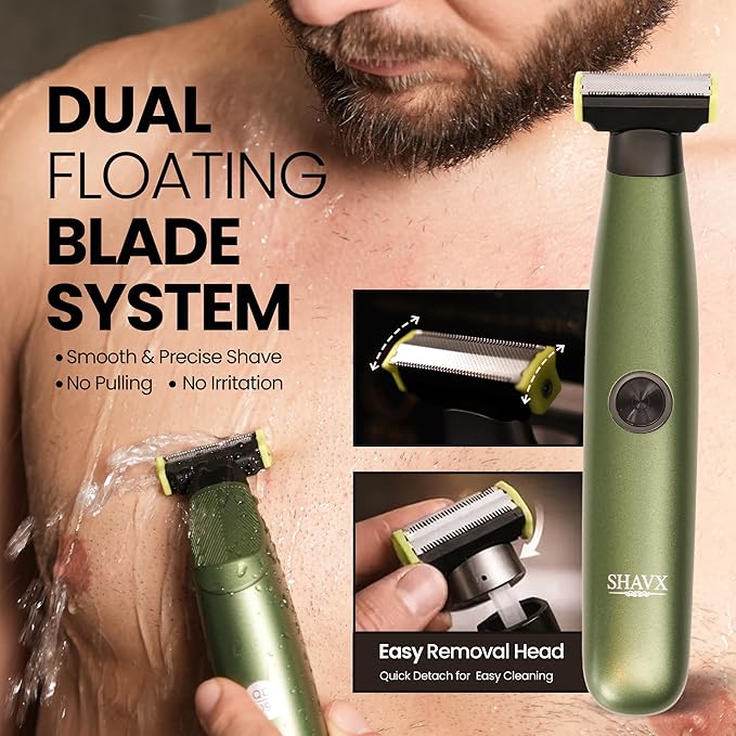 Electric Body Hair Trimmer & Beard Shaver for Men – Pubic & Groin Hair Ball Groomer – Skin-Safe for Sensitive Areas, Chest & Legs – Dual Blade Wet/Dry IPX6 Waterproof, Rechargeable with 3 Guide Combs