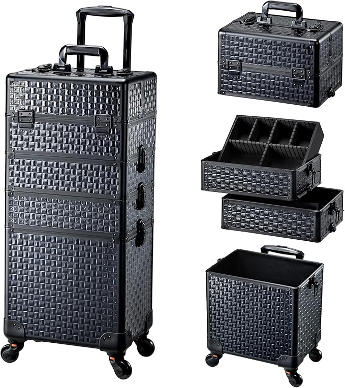 Adazzo 4 in 1 Rolling Makeup Trolley Train Case Cosmetic Suitcase Nail Tech Box for Makeup Artist, Hairstylists, Nail Tech Case with with Keys Swivel Wheels Traveling Trunk (Shiny Brick)