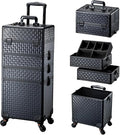 Adazzo 4 in 1 Rolling Makeup Trolley Train Case Cosmetic Suitcase Nail Tech Box for Makeup Artist, Hairstylists, Nail Tech Case with with Keys Swivel Wheels Traveling Trunk (Shiny Brick)