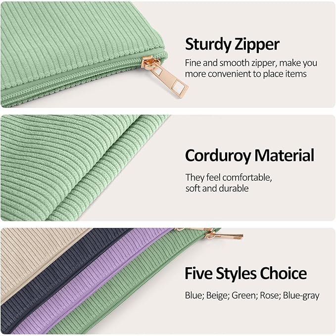 MAGEFY Small Makeup Bag for Purse Corduroy Makeup Bag with Inner Zipper Pockets Travel Cosmetic Bag for Women Preppy Stuff Gifts, Green