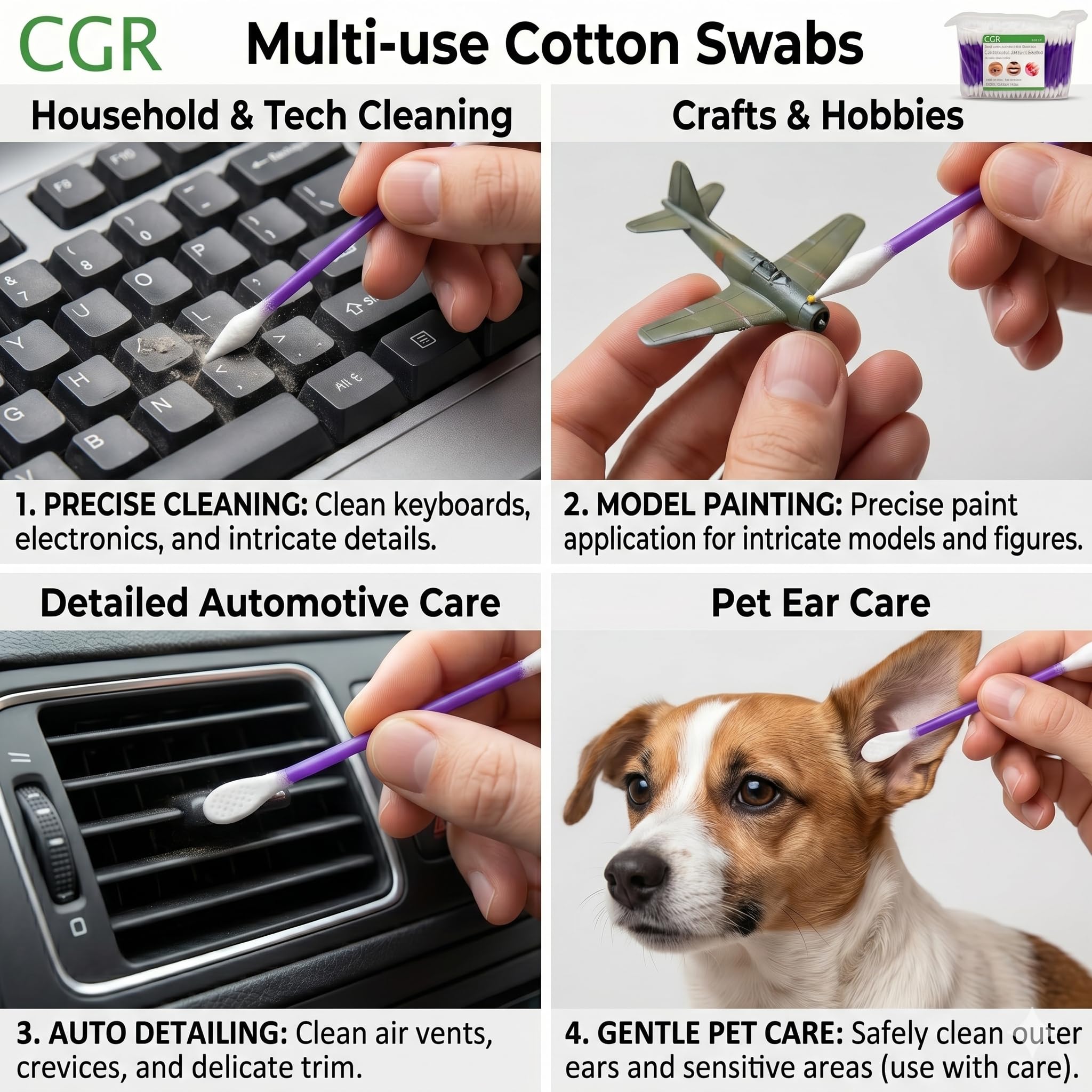 760pcs CGR Precision Cotton Swabs packed in Acrylic swab canister with Pointed and Flattened Tip, Cosmetic Makeup Applicator(160pcs in canister, 2x300pcs in bags) (760)
