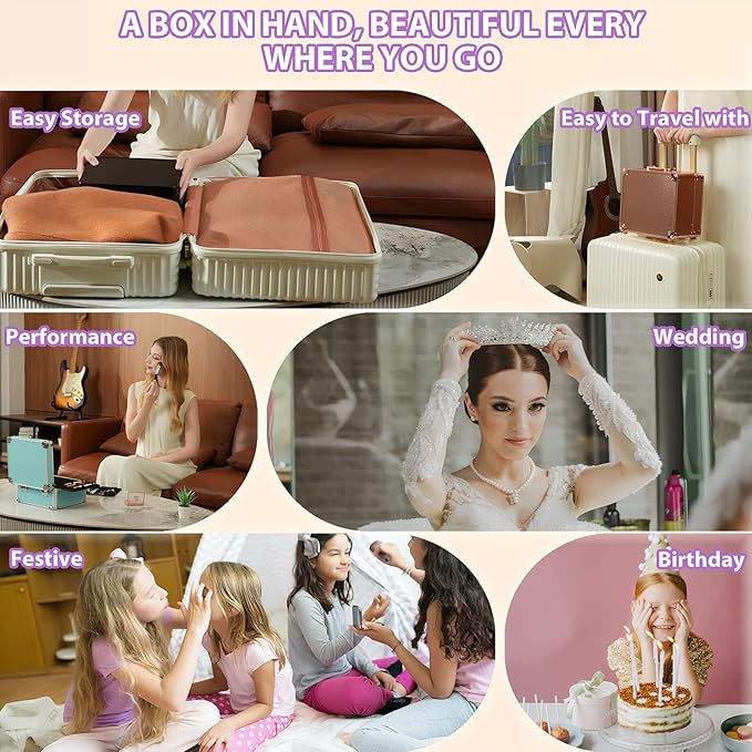 Makeup Organizer Box with Detachable Lighted Mirror, Travel Train Cosmetic Case, Adjustable Divider Storage Bag, Portable Artist Storage Suitcase with Magnetic LED Mirror (Rose Gold)