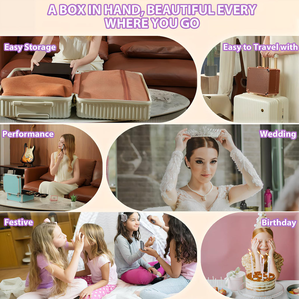 Unicorn Slumber Makeup Organizer Box with Detachable Lighted Mirror, Travel Train Cosmetic Case, Adjustable Divider Storage Bag, Portable Artist Storage Suitcase with Magnetic LED Mirror - Star White