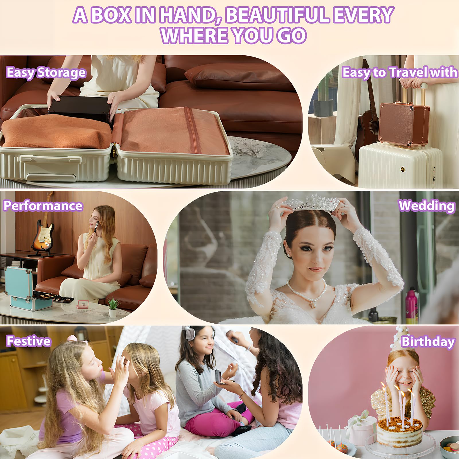 Unicorn Slumber Makeup Organizer Box with Detachable Lighted Mirror, Travel Train Cosmetic Case, Adjustable Divider Storage Bag, Portable Artist Storage Suitcase with Magnetic LED Mirror - Star White
