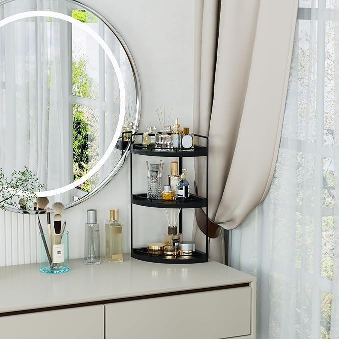 CeleVista Corner Bathroom Counter Organizer, 3 Tier Bathroom Sink Shelf Countertop, Wood Vanity Skincare Storage for Toiletries Decor, Makeup, Dresser(Black)