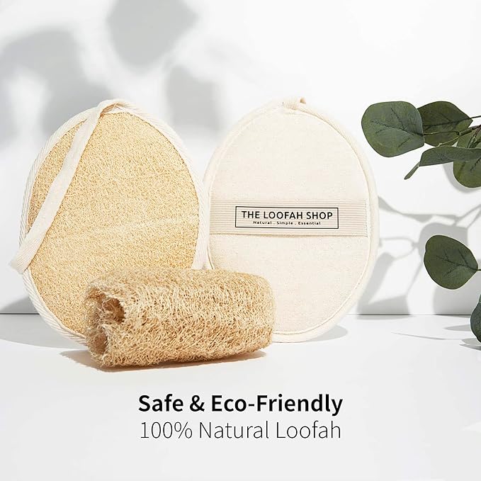 The Loofah Shop Bath Loofah Sponge, Exfoliating Body Scrubber, Shower Luffa for Men, Women and Kids Made of Eco-Friendly Natural Egyptian Loofah with Cotton Travel Pouch, 7" x 5.25" (2pack 4pcs)
