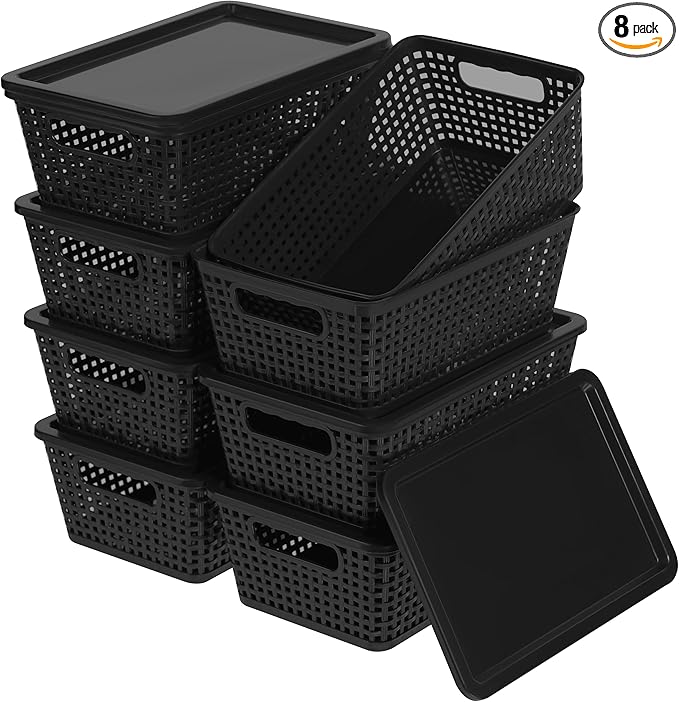 Anywish Plastic Storage Baskets With Lid, Storage Bins for Organizing, Stackable Decorative Containers for Shelves Drawers Desktop Closet Playroom Classroom Office, 8 Pack-Black