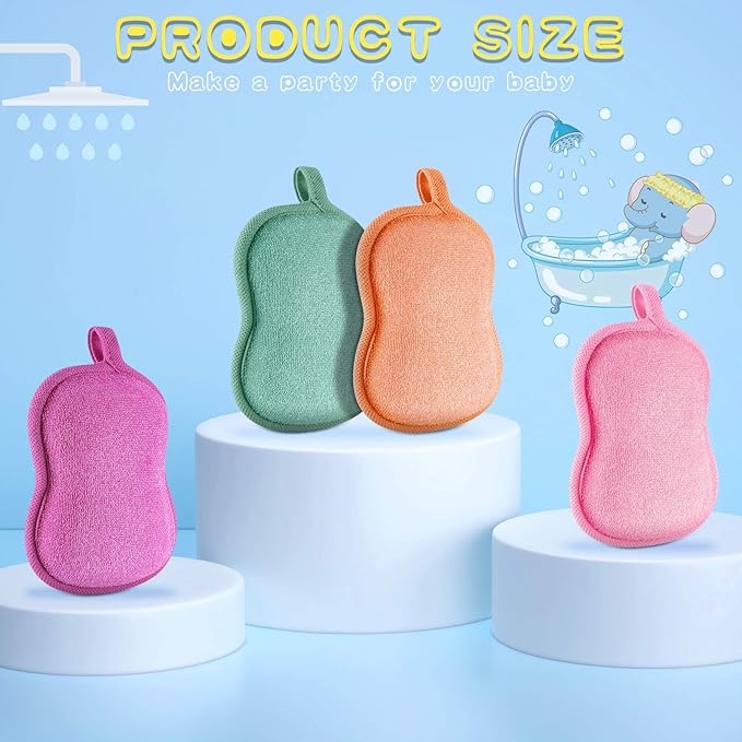 Tatuo 4 Pieces Baby Bath Sponge Toddler Bath Sponge Soft Comfy Cotton Absorbent Loofah for Kids Babies Boy Girl(Red, Purple, Green, Orange)