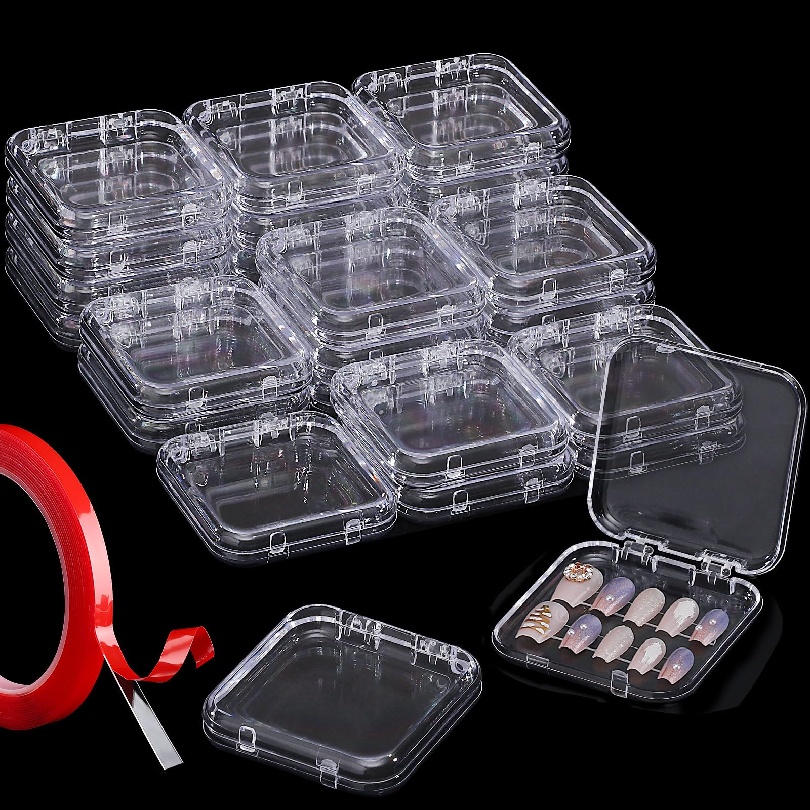 27PCS Press on Nail Boxes with 5M Nail Tape, Acrylic Fake Nail Storage Case