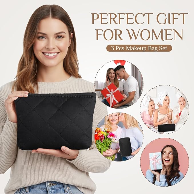 Paterr 3 Pcs Quilted Makeup Bag Set Back to School Favor Small Bridesmaid Cosmetic Bag Aesthetic Travel Pouch Cute Purse Pencil Case Makeup Storage Organizer for Women Birthday Gift(Cotton,Black)