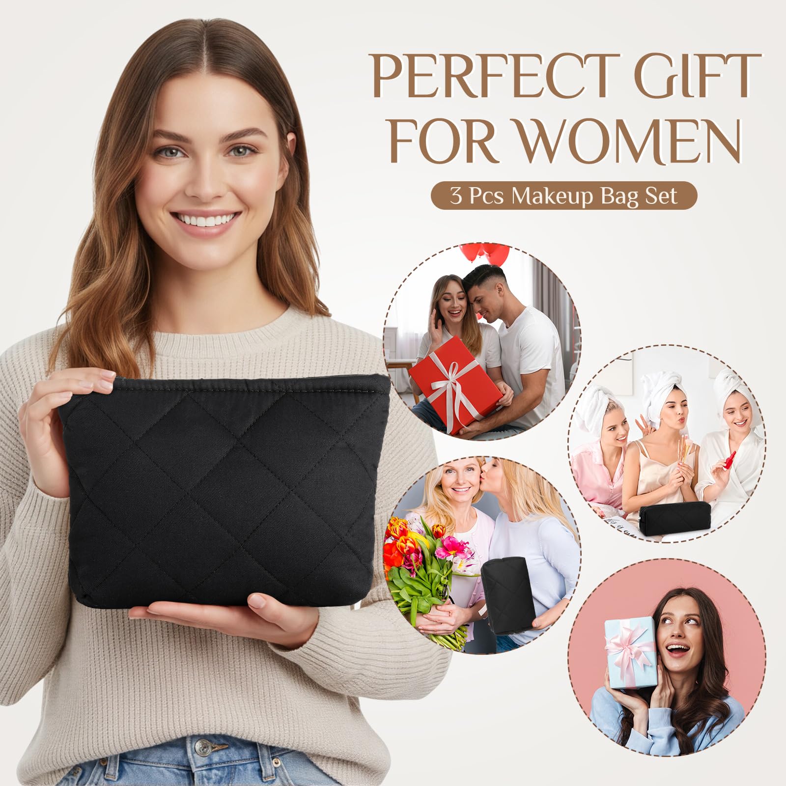 Paterr 3 Pcs Quilted Makeup Bag Set Back to School Favor Small Bridesmaid Cosmetic Bag Aesthetic Travel Pouch Cute Purse Pencil Case Makeup Storage Organizer for Women Birthday Gift(Cotton,Black)