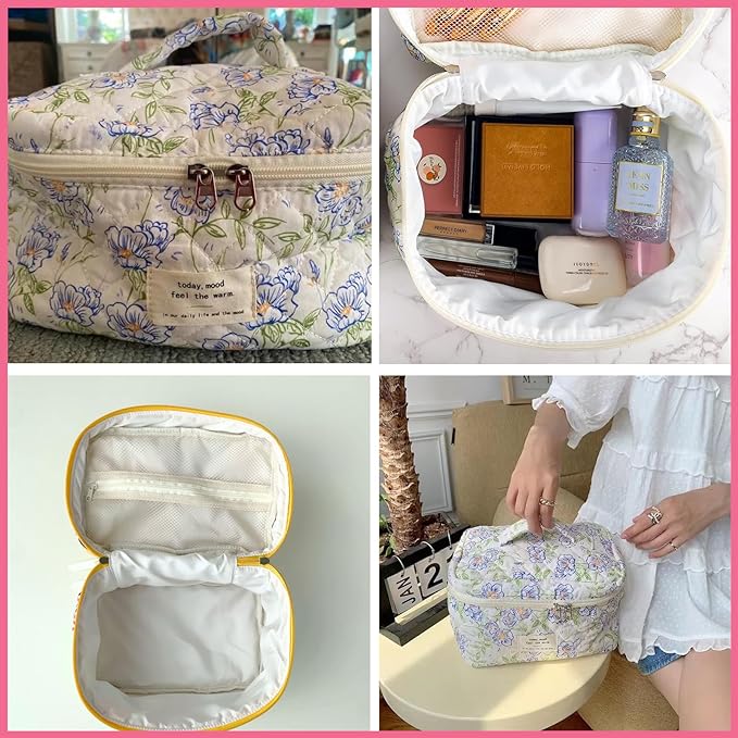 uekeboag Large Travel Quilted Makeup Bag for Women, Floral Cotton Cosmetic Bag, Coquette Aesthetic Floral Toiletry Organizer Bag (03White-Bear)