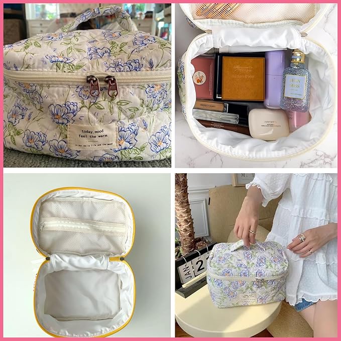 uekeboag Large Travel Quilted Makeup Bag for Women, Floral Cotton Cosmetic Bag, Coquette Aesthetic Floral Toiletry Organizer Bag (05White-UU)