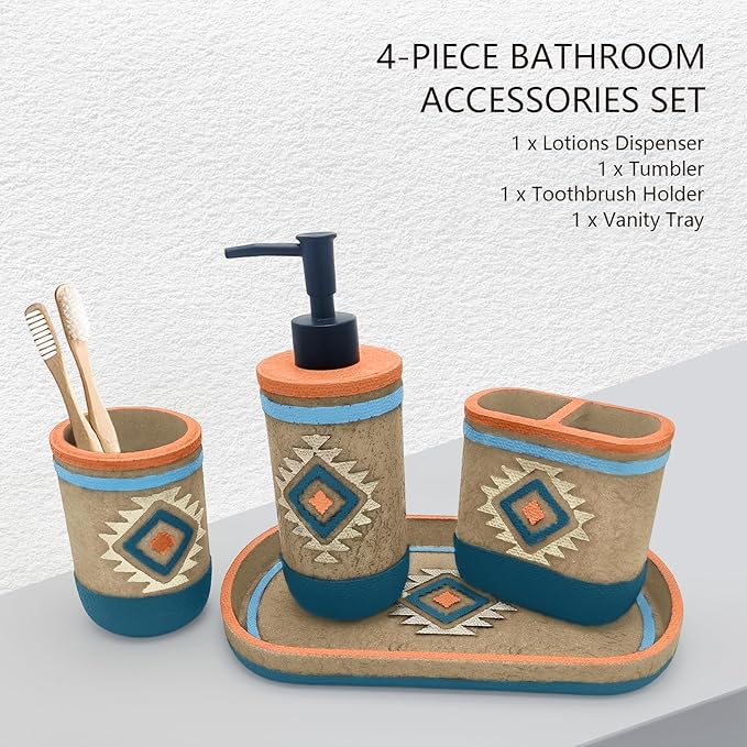 Bathroom Accessory Sets 4PCs Complete Tribal Home Decor Southwest Pattern Shape Includes Lotion Dispenser Toothbrush Holder Tumbler Cup & Vanity Tray