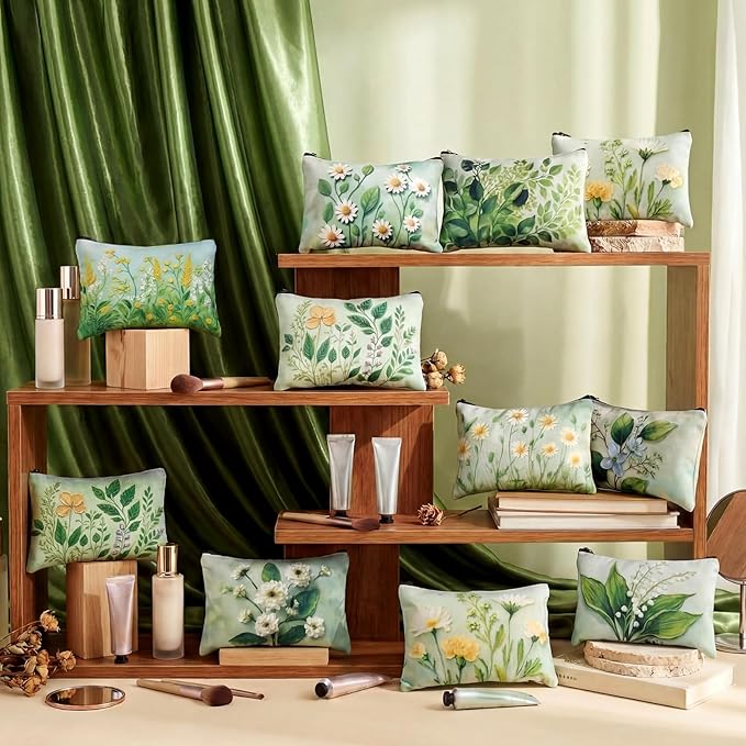 Sweetude 12 Pcs Green Flower Makeup Bags Bulk Green Plants Portable Travel Cosmetic Bags with Zipper Floral Waterproof Roomy Travel Toiletry Organizer Storage Beauty Pouch for Women Gifts