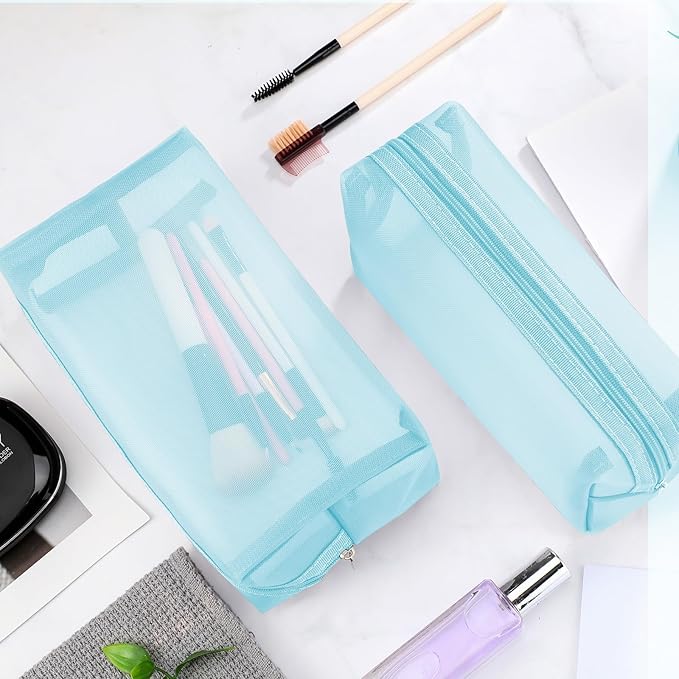 Boao 6 Pieces Mesh Makeup Bags Mesh Cosmetic Bag Portable Travel Organizing Zipper Pouch Toiletries Makeup Pouches for Home Office Travel Accessories(Light Blue)