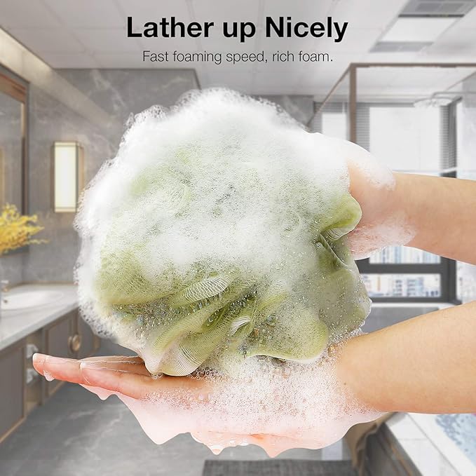 DadyMart Bath Shower Loofah Sponge 60g Bath Mesh Pouf Shower Ball Body Scrubber Exfoliating Bath Sponge for Women and Men, Set of 4, Black (Loofah-Medium, Army Green)