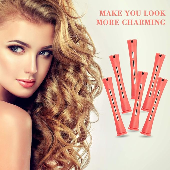 Chuangdi 24 Pcs Hair Perm Rods Plastic Cold Wave Perming Curlers Hair Rollers with Steel Pintail Comb Rat Tail Comb Tools for Hairdressing Styling(Pink,0.51 Inches)