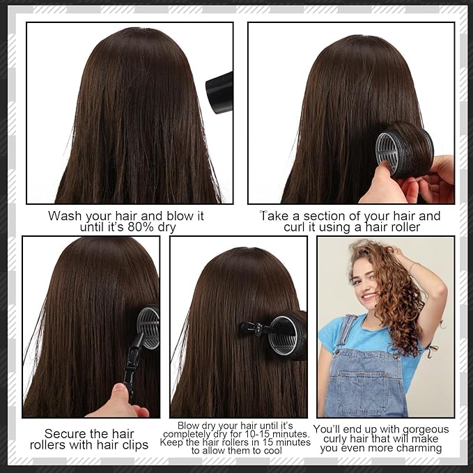 64 Pcs Self Grip Hair Rollers Set, 5 Sizes Rollers Hair Curlers with Clips Comb for Long Short Hair (60 48 40 32 20mm), Black
