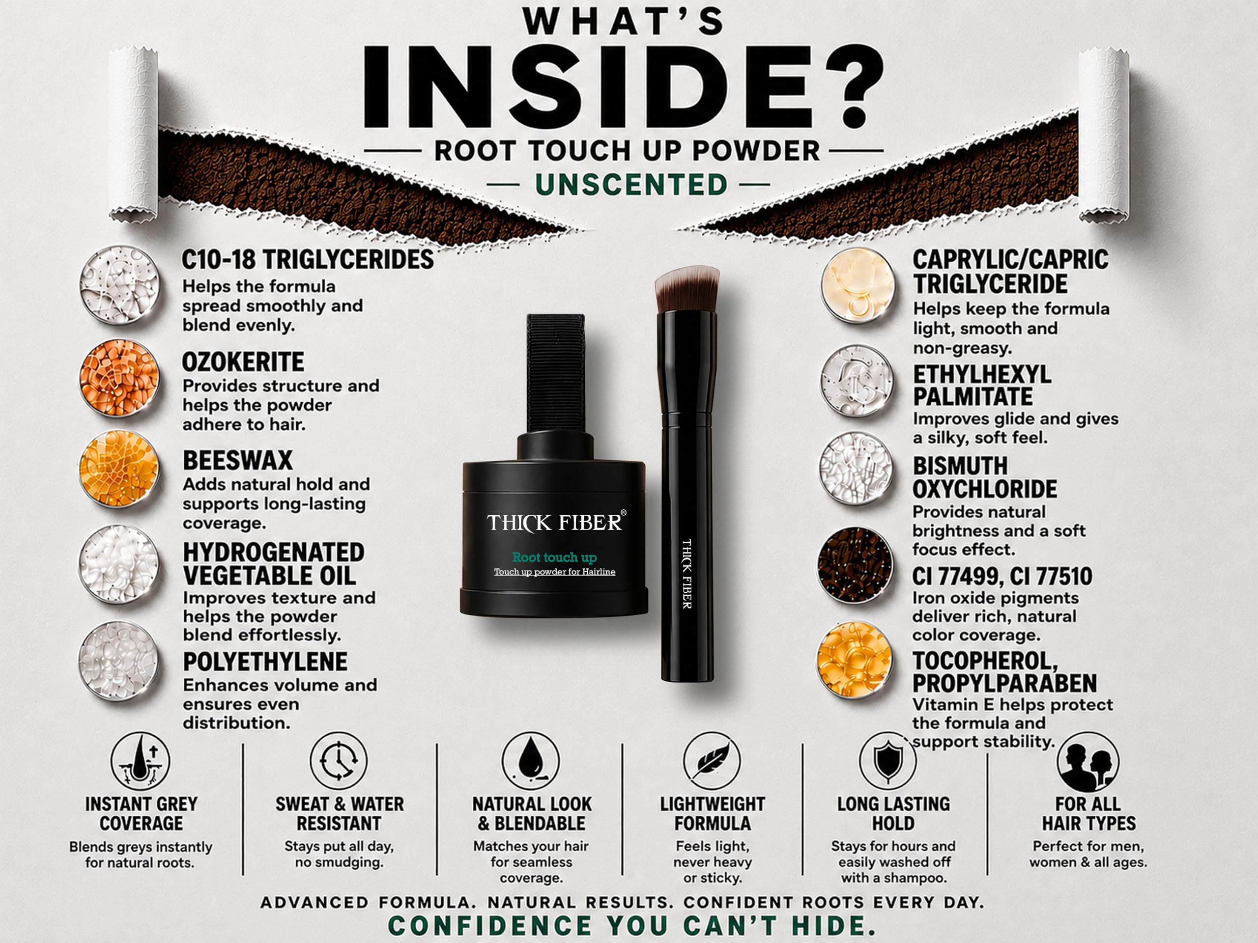 THICK FIBER Root Touch Up Set - Hairline Concealer for Thin and Thinning Hair, Water & Sweat Resistant, with Brush (Medium Golden Brown)