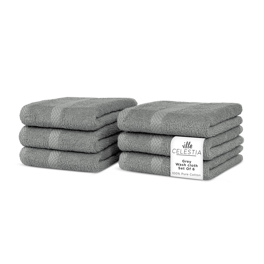 Villa Celestia Cotton Washcloths Set of 6, 12x12 Inch, 100% Ring-Spun Combed Cotton, Soft Absorbent Quick-Dry Wash Cloths for Face and Body, Oeko-TEX Certified, Hotel & Spa Quality, Grey