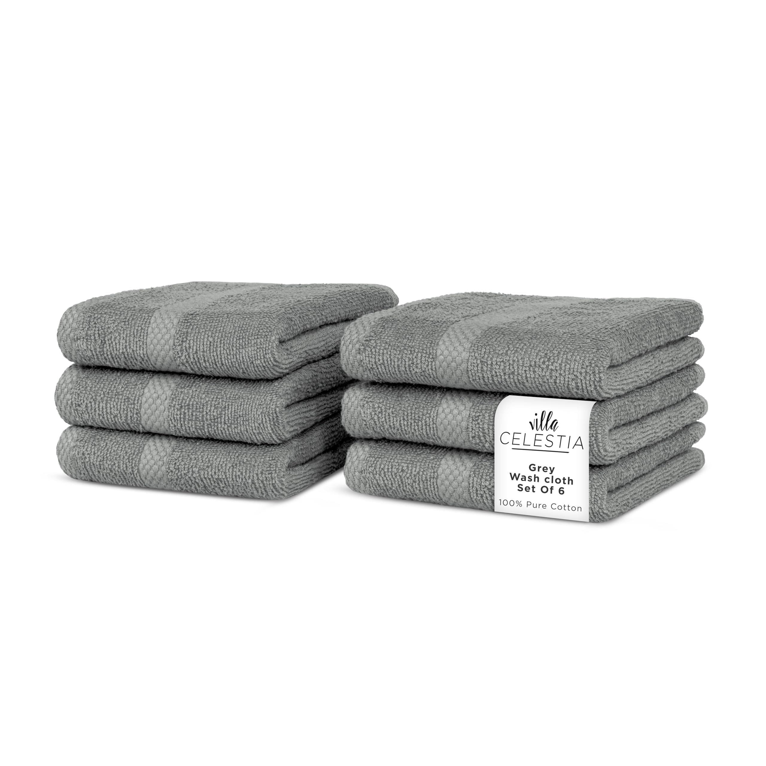 Villa Celestia Cotton Washcloths Set of 6, 12x12 Inch, 100% Ring-Spun Combed Cotton, Soft Absorbent Quick-Dry Wash Cloths for Face and Body, Oeko-TEX Certified, Hotel & Spa Quality, Grey
