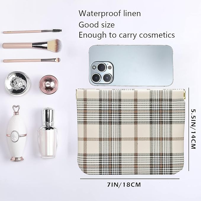 HIGH FIT Leather Pocket Cosmetic Bag for Purse,Coin Purse Lipstick Cosmetic Accessories Organizer, Travel Kit Storage Pouch,Waterproof Portable No Zipper Self-closing (Tartan)