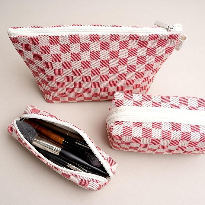 Beayuva 3 Pcs Canvas Makeup Bag Set Checkered Cosmetic Pouch for Women Travel Toiletry Bag Cute Makeup Organizer Purse Pouch Preppy Pencil Case with Zipper (Checkered Red)
