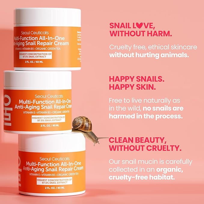 SeoulCeuticals Snail Mucin Moisturizer 97.5% - Korean Skin Care Snail Repair Cream - Day & Night Anti Aging K Beauty Skincare Cruelty Free 2oz (Pack of 2)