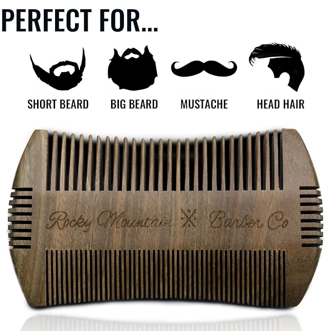 Beard Comb - Sandalwood Natural Hatchet Style for Hair - Anti-Static & No Snag, Handmade Wide & Fine Tooth Contour Brush Best for Beard & Moustache with Carrying Case Pouch