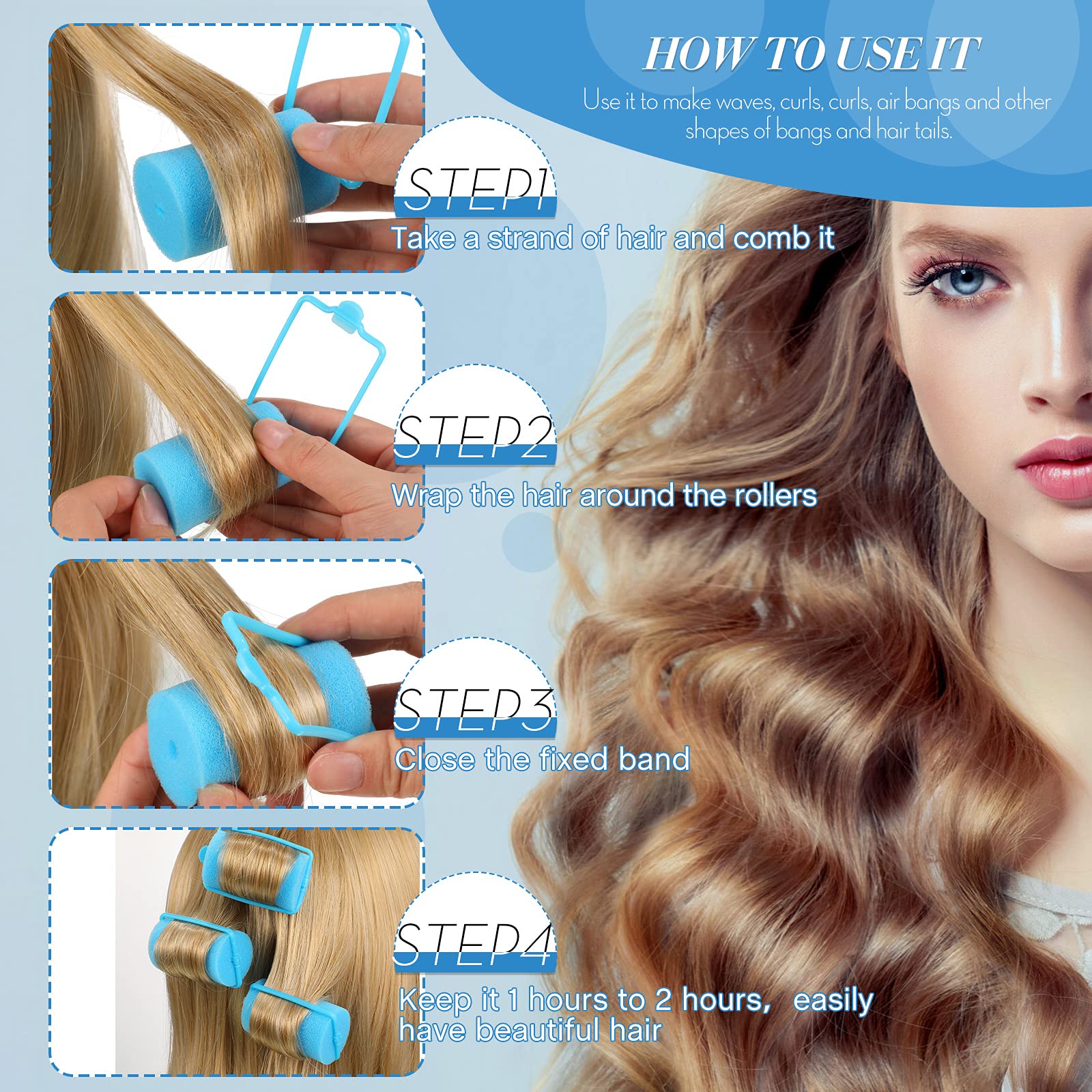 Geyoga 18 Pieces Blue Sponge Hair Rollers For Women, 1.4 X 2.6 In