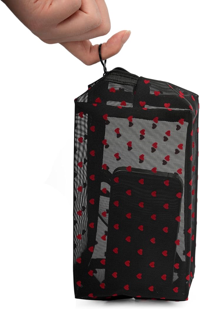 TOPASION Portable Mesh Makeup Bag with Zipper Small Travel Toiletry Bag Lightweight Cosmetic Pouch (Black Square Red Heart)
