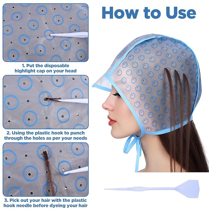 6 Set Reusable Highlight Cap 12Pcs Highlighting Caps with Hooks Blue Hair Coloring Frosting Dye Kit Hair Frosting Cap with Plastic Hooks Highlighting Caps Kit for Salon DIY Dyeing Hairdressing