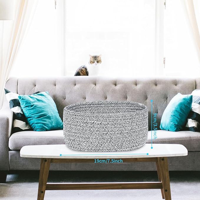 【2 Pack】ABenkle Small Woven Baskets, Tiny Oval Shallow Storage Baskets, Mini Cotton Rope Empty Decorative Basket, Boho Little Organizer Bins for Bathroom, Cat Dog Toy Gifts Baskets