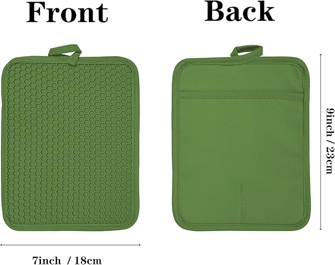 VEIKERY Oven Pot Holder with Pocket Cotton Heat Resistant Coaster Potholder Kitchen Hot Pad Oven Mitts for Cooking and Baking Square 7"x9" (Green, Silicone)