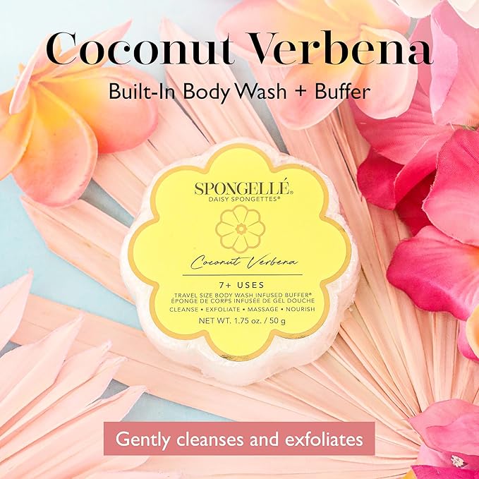 Spongellé Coconut Verbena Daisy Spongette Bath Sponge | Built-in Body Wash & Body Scrubber, Shower Loofah Sponge for Women, Travel Essentials | 7+ uses