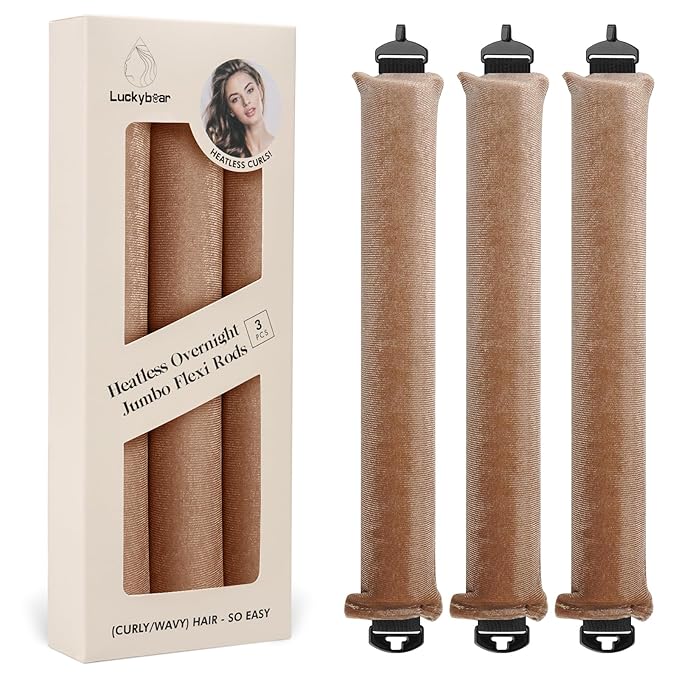 Overnight Heatless Hair Curler Rods Jumbo, Heatless Curls Satin Jumbo Flexi Rods to Sleep in,Soft Heatless Rod for All Hair Types,No Heat Overnight Sleeping Curls Styling Tools 3pcs Khaki