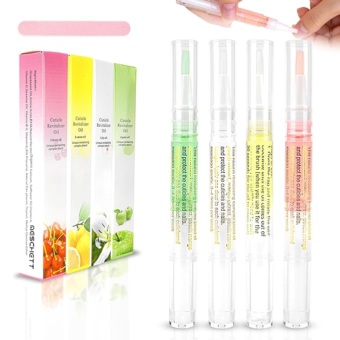 Meschett Cuticle Oil Pens with Nail File for Nail Care, 4PCS Nail Oil Pens with Natural Ingredients, Moisturizing Cuticle Oil for Fingernails and Toenails (Mix Flavors)