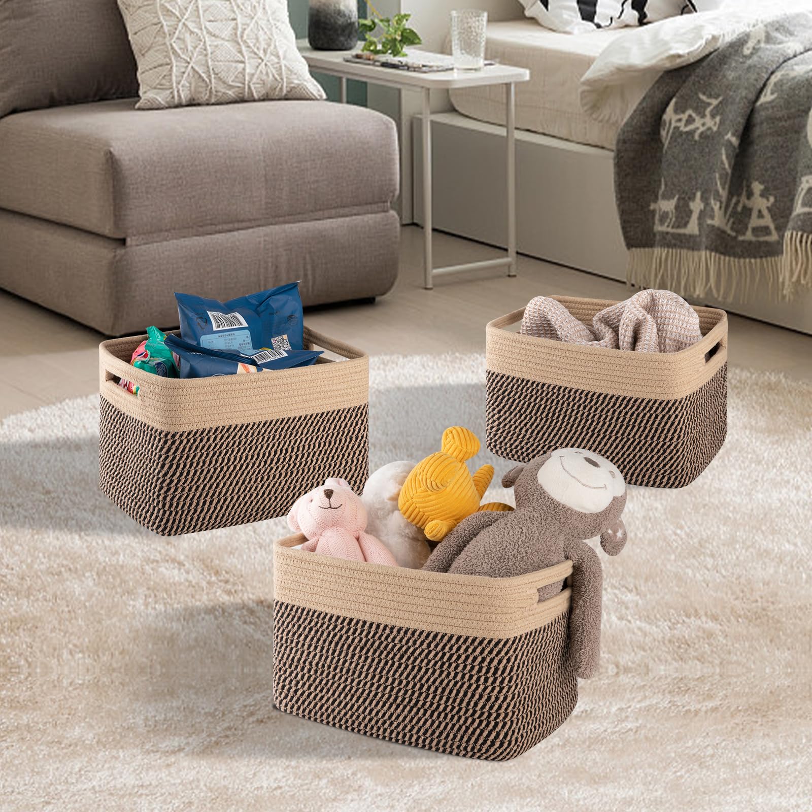 SIXDOVE 4 Pack Storage Baskets for Organizing, Woven Baskets for Shelves - Perfect for Toys, Books, Towels, and Clothes, Durable Gift Basket Bins Toy Storage, 12.7''L x9''W x7.8''H, Black and Brown