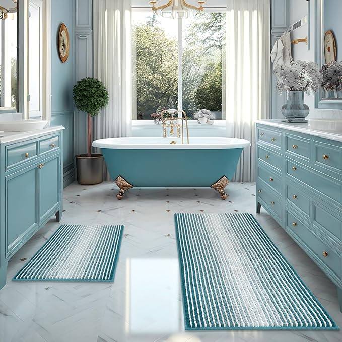 BSICPRO Bathroom Rugs Sets, 2 Piece Thick Absorbent Chenille, Non Slip, Soft Shaggy Bath Room Floor Mats, Machine Washable (20" x 47" Plus 16" x 24", Teal)