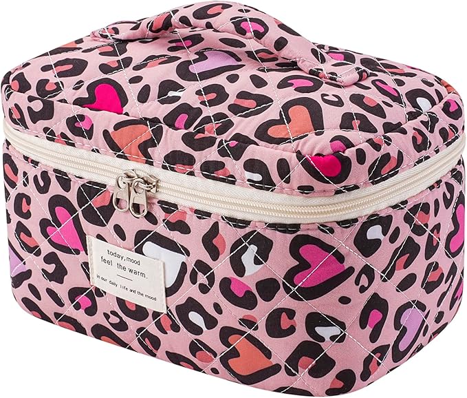 uekeboag Large Travel Quilted Makeup Bag for Women, Floral Cotton Cosmetic Bag, Coquette Aesthetic Floral Toiletry Organizer Bag(Pink Leopard