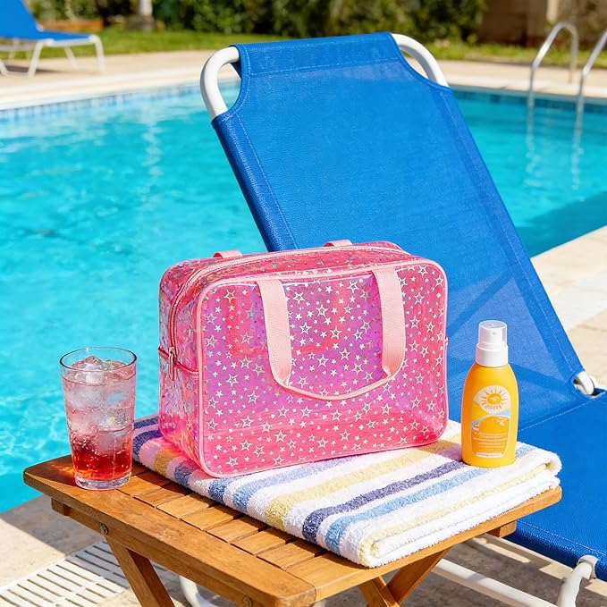 TotePrint Clear Star Large Cosmetic Bag and Travel Pouch with Handle,Durable Material,Zipper Design-Ideal for Makeup,Travel Essentials (Pink+Shiny Star)