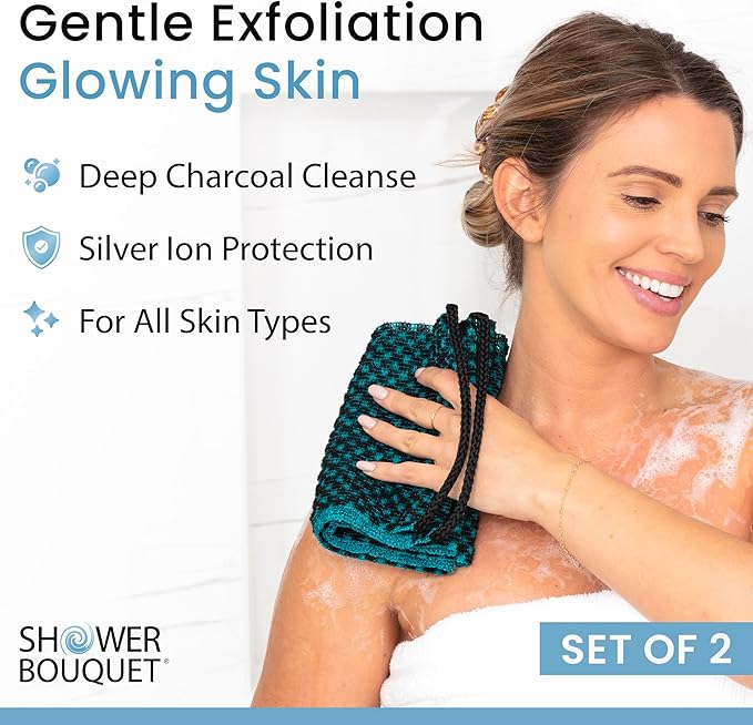 SHOWER BOUQUET Japanese-Exfoliating-Washcloth 2-Pack Charcoal & Silver Ion