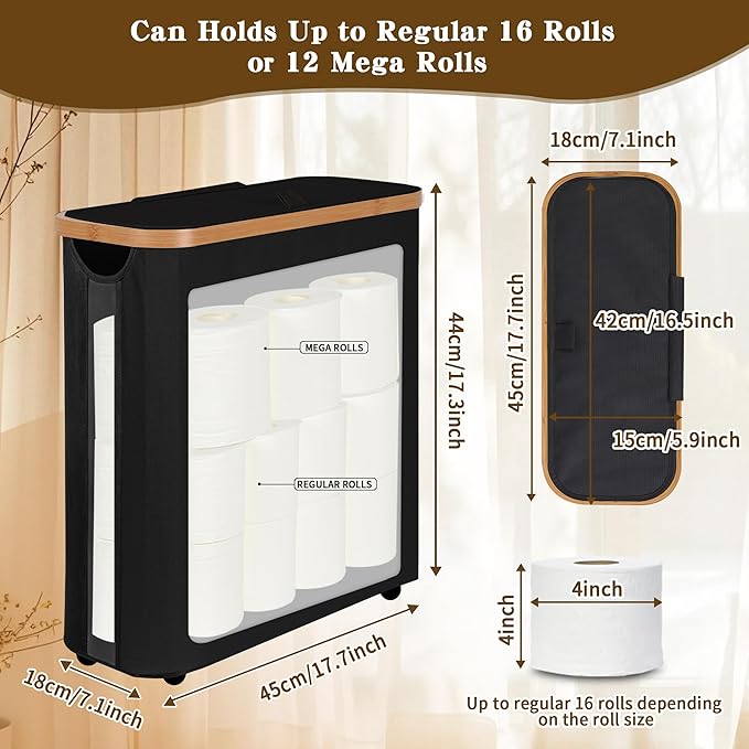 Toilet Paper Storage Basket with Lid - The Ultimate Bathroom Organizer, Free Standing Toilet Paper Holder for Up to 12 Mega Rolls, Toilet Tissue Storage Bin with Handle for RV Closet, Black