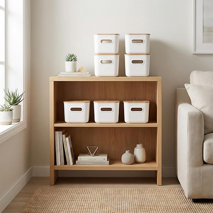 Citylife Storage Bins with Bamboo Lids 6QT Plastic Storage Containers Stackable Organizer Boxes with Handle for Desk Snacks, Toys, 2 PCS, 10"L x 7"W x 6.18"H