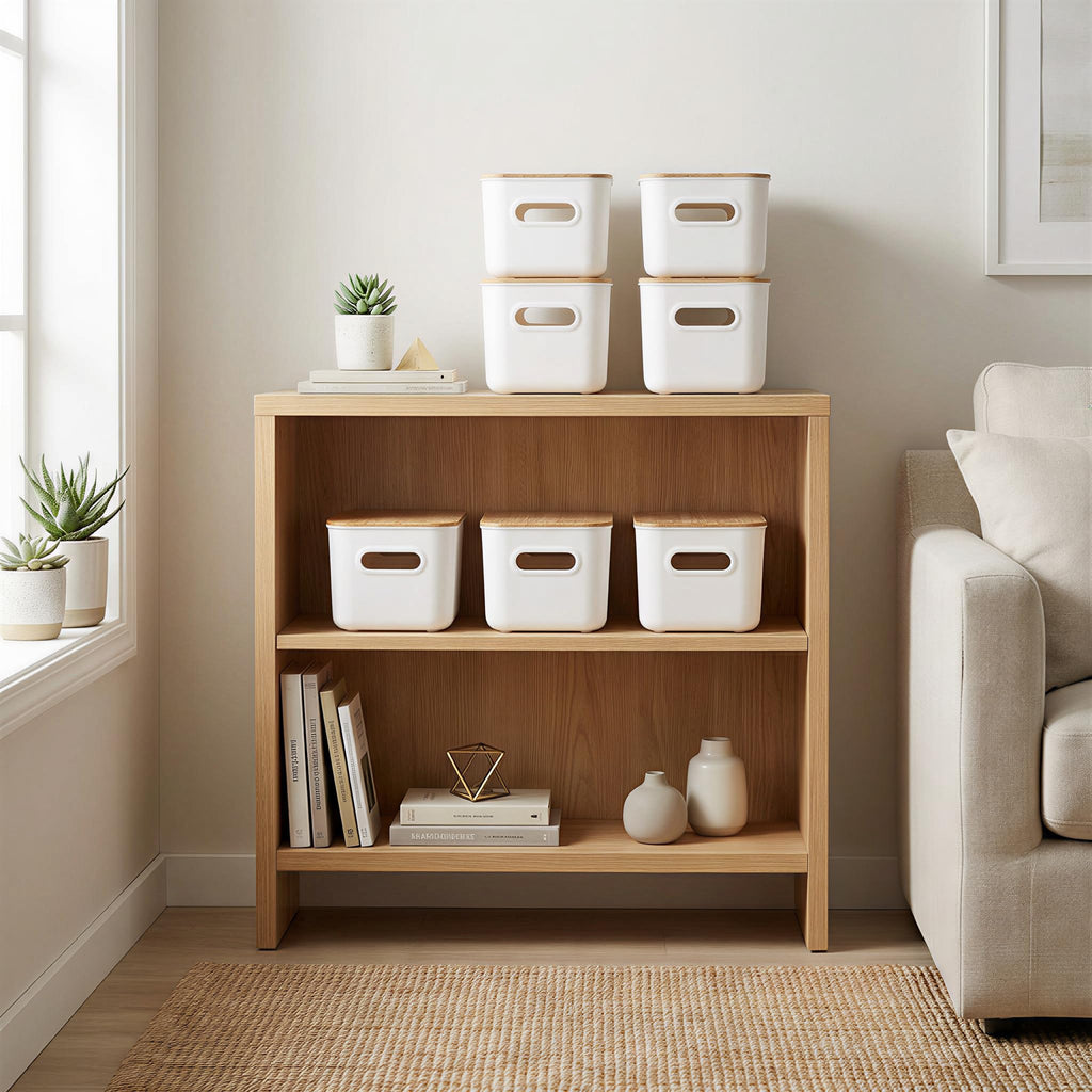 Citylife Storage Bins with Bamboo Lids 7QT Plastic Storage Containers Stackable Organizer Boxes with Handle for Desk Snacks, Toys, 2 PCS, 10" L x 7" W x 5.8" H