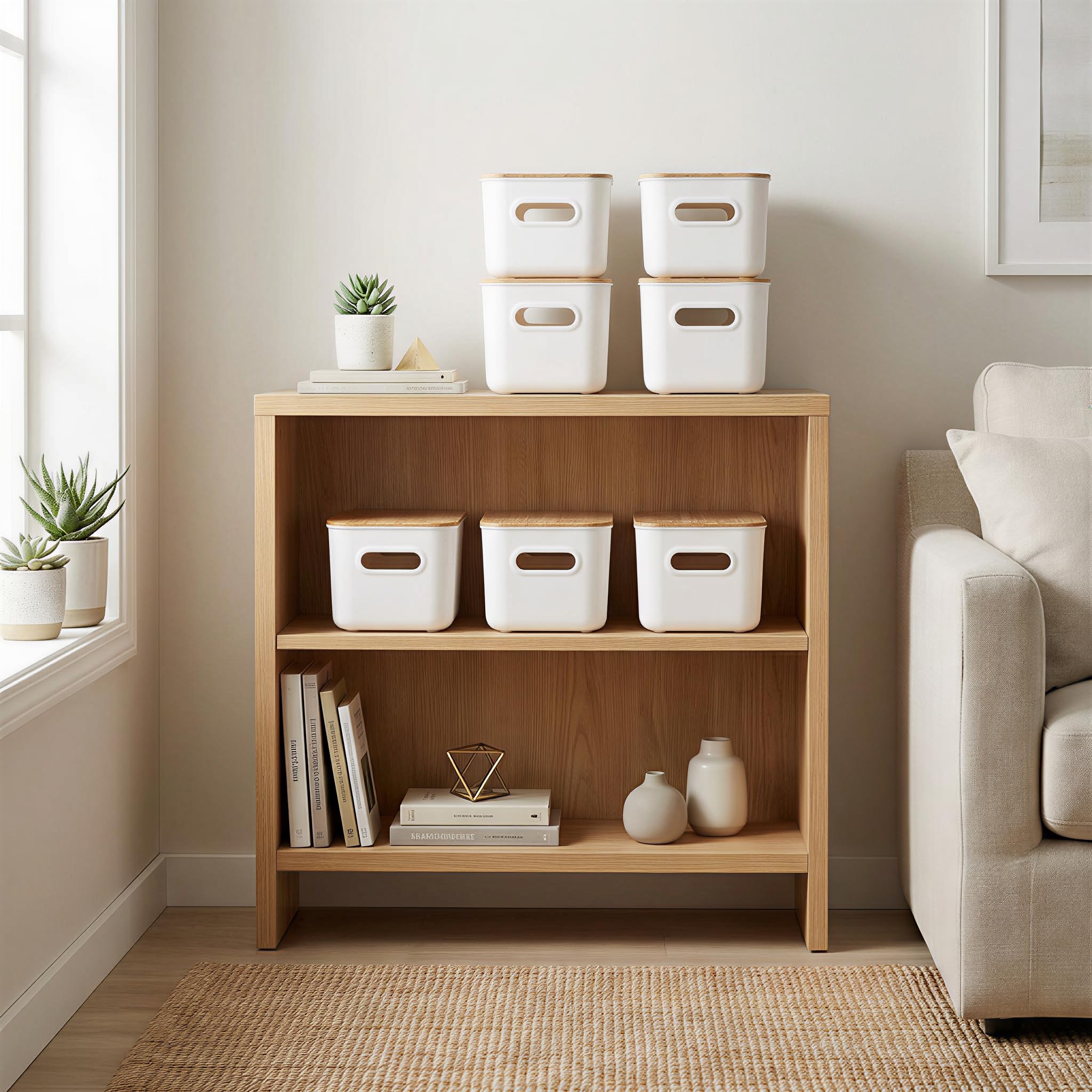 Citylife Storage Bins with Bamboo Lids 7QT Plastic Storage Containers Stackable Organizer Boxes with Handle for Desk Snacks, Toys, 4 PCS, 10" L x 7" W x 5.8" H
