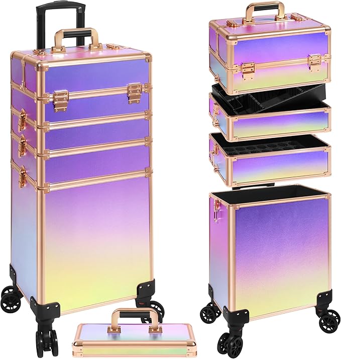 JINGUAN Professional Rolling Makeup Train Case with Lid, 5 in 1 Cosmetology Case on Wheels, Large Cosmetic Trolley Organizer Travel for Hairstylist Artist Nail Beauty Salon Barber, Colorful